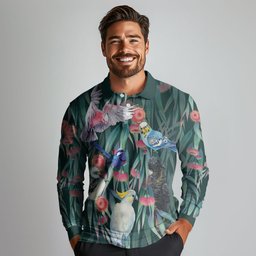 Australia Native Birds on Eucalyptus Long Sleeve Polo Shirt Dark Teal