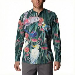 Australia Native Birds on Eucalyptus Button Sweatshirt Dark Teal