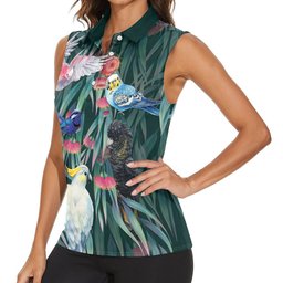 Australia Native Birds on Eucalyptus Women Sleeveless Polo Shirt Dark Teal