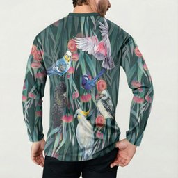 Australia Native Birds on Eucalyptus Button Sweatshirt Dark Teal