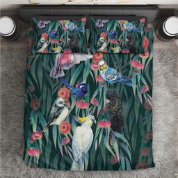 Australia Native Birds on Eucalyptus Bedding Set Dark Teal
