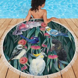 Australia Native Birds on Eucalyptus Beach Blanket Dark Teal