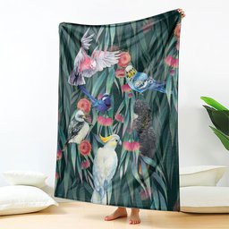 Australia Native Birds on Eucalyptus Blanket Dark Teal