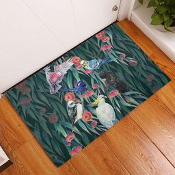 Australia Native Birds on Eucalyptus Rubber Doormat Dark Teal