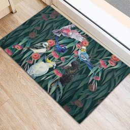 Australia Native Birds on Eucalyptus Rubber Doormat Dark Teal