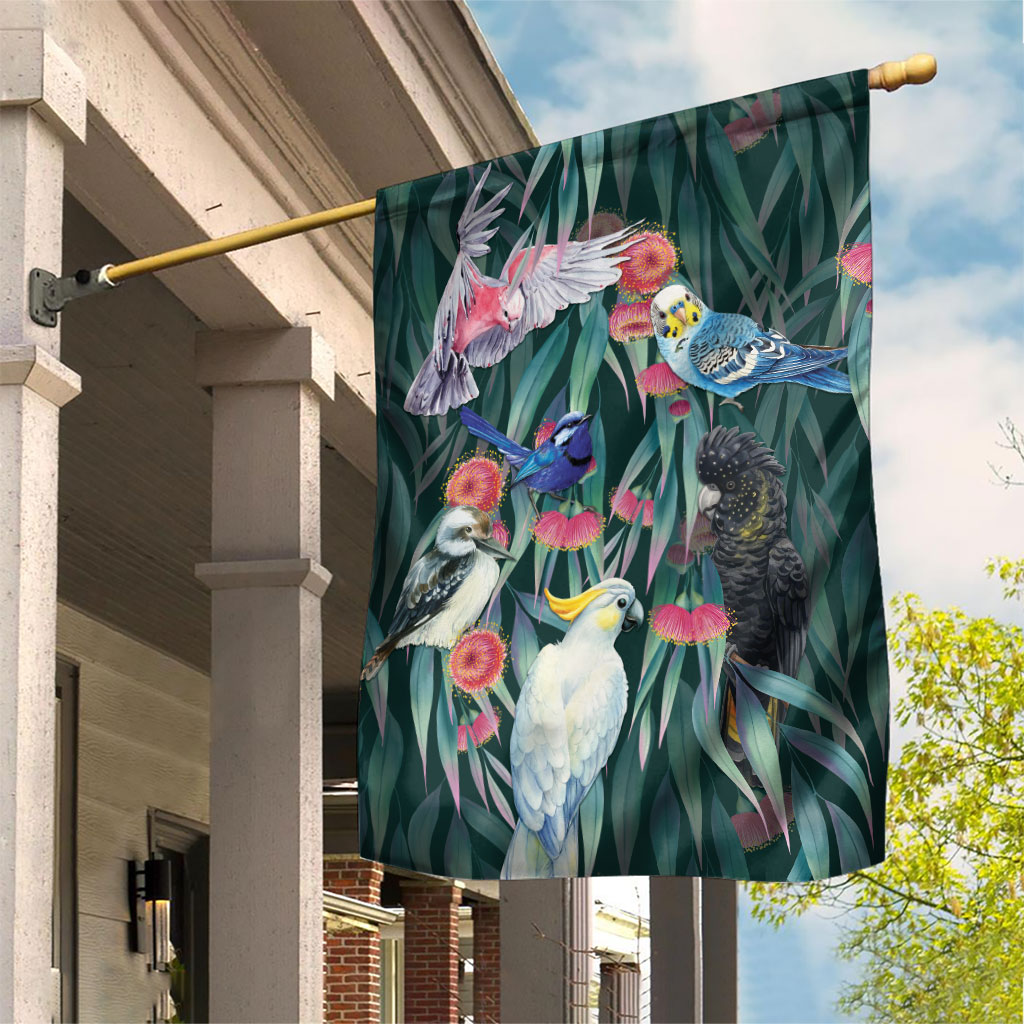 Australia Native Birds on Eucalyptus Garden Flag Dark Teal
