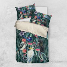 Australia Native Birds on Eucalyptus Bedding Set Dark Teal