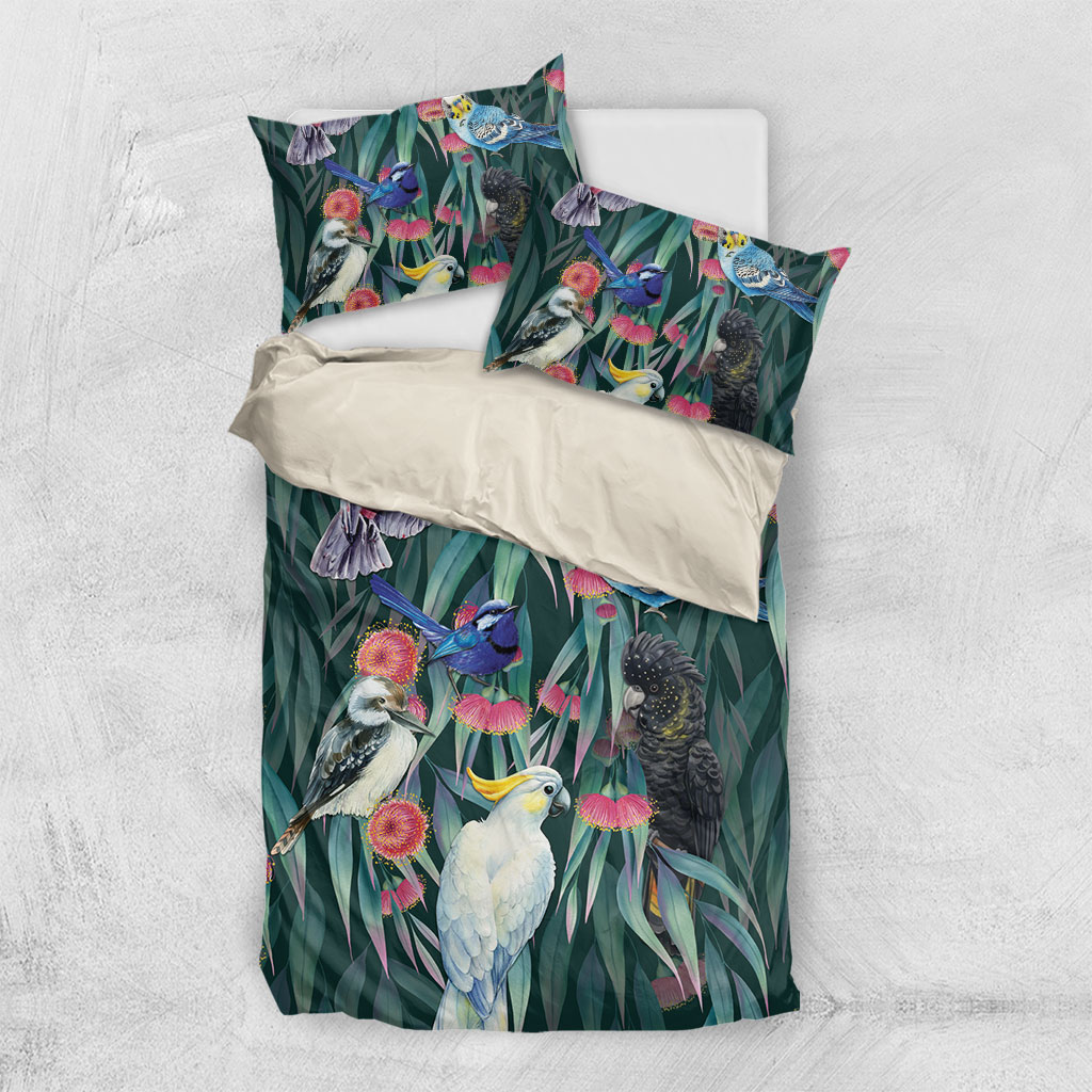 Australia Native Birds on Eucalyptus Bedding Set Dark Teal