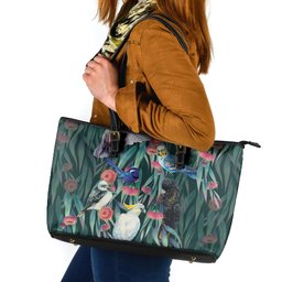 Australia Native Birds on Eucalyptus Leather Tote Bag Dark Teal