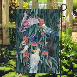 Australia Native Birds on Eucalyptus Garden Flag Dark Teal