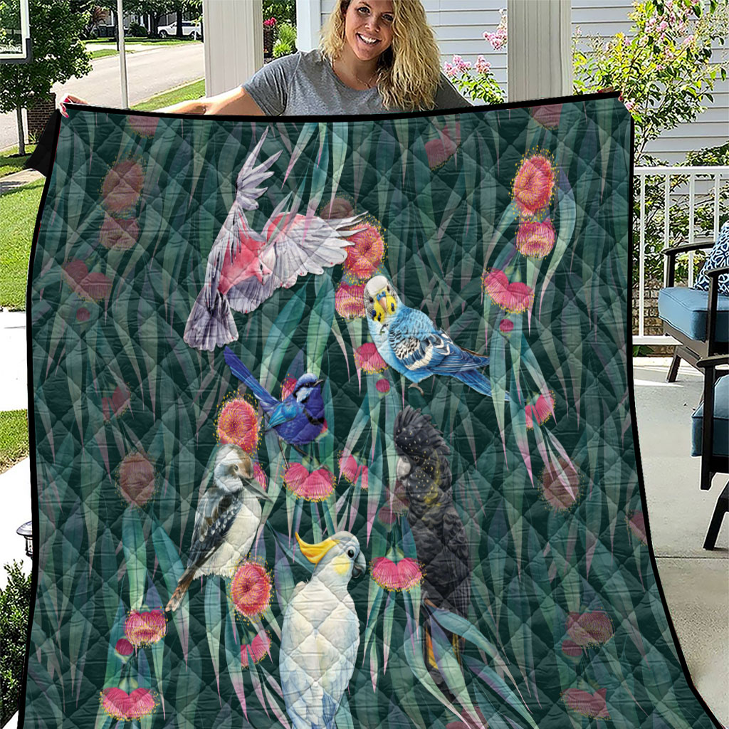 Australia Native Birds on Eucalyptus Quilt Dark Teal