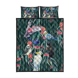 Australia Native Birds on Eucalyptus Quilt Bed Set Dark Teal
