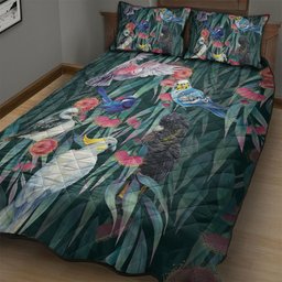 Australia Native Birds on Eucalyptus Quilt Bed Set Dark Teal