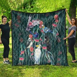Australia Native Birds on Eucalyptus Quilt Dark Teal