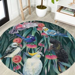 Australia Native Birds on Eucalyptus Round Carpet Dark Teal