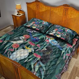 Australia Native Birds on Eucalyptus Quilt Bed Set Dark Teal