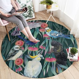 Australia Native Birds on Eucalyptus Round Carpet Dark Teal