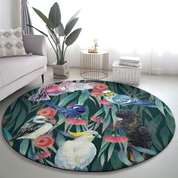Australia Native Birds on Eucalyptus Round Carpet Dark Teal
