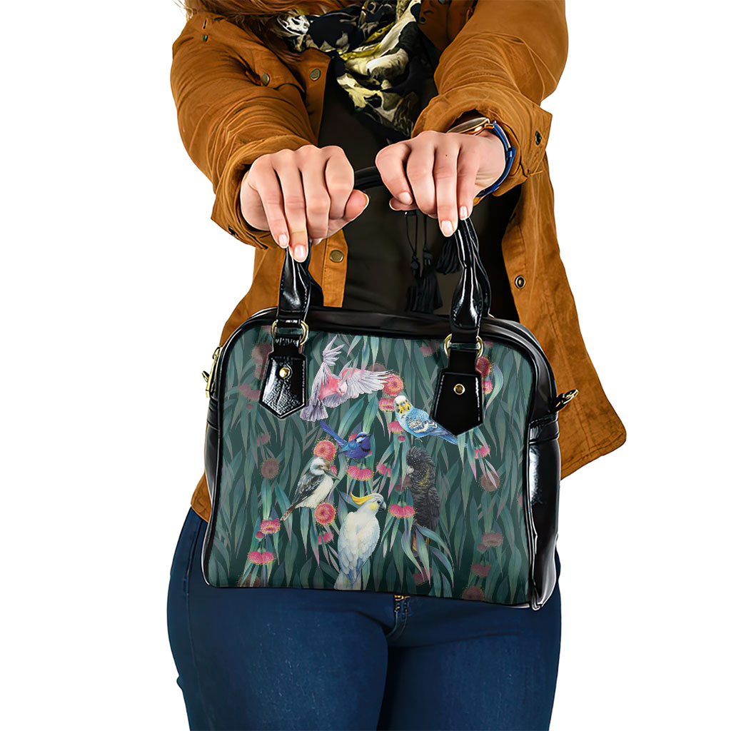 Australia Native Birds on Eucalyptus Shoulder Handbag Dark Teal
