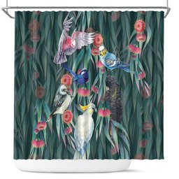 Australia Native Birds on Eucalyptus Shower Curtain Dark Teal