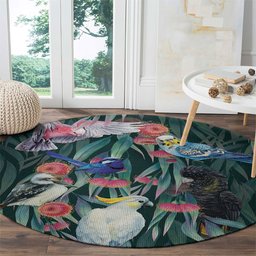 Australia Native Birds on Eucalyptus Round Carpet Dark Teal
