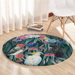 Australia Native Birds on Eucalyptus Round Carpet Dark Teal