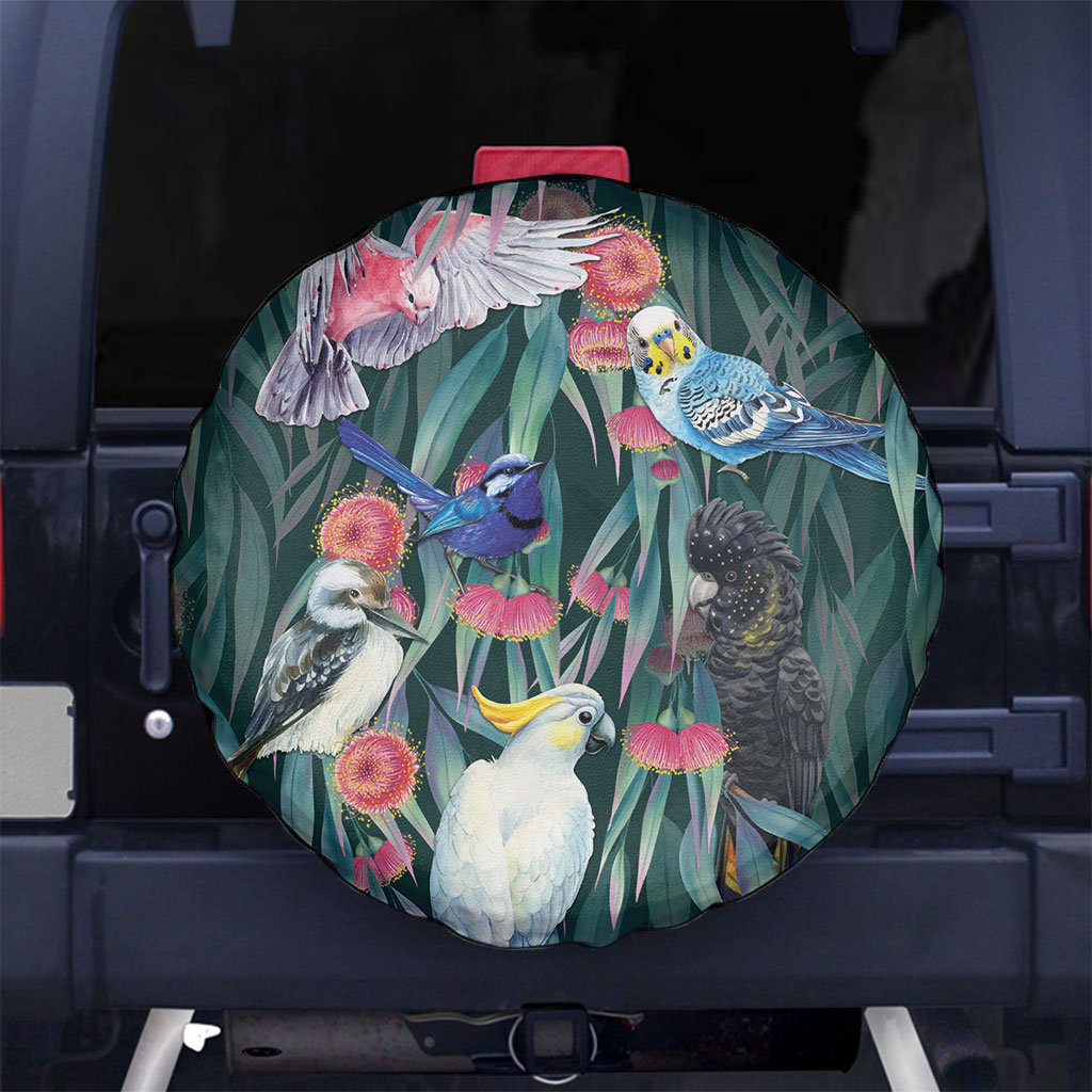 Australia Native Birds on Eucalyptus Spare Tire Cover Dark Teal
