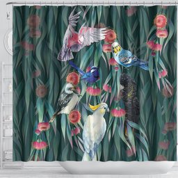 Australia Native Birds on Eucalyptus Shower Curtain Dark Teal