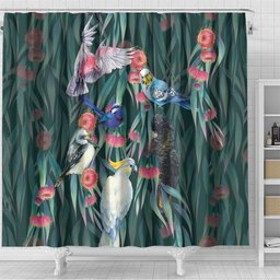 Australia Native Birds on Eucalyptus Shower Curtain Dark Teal