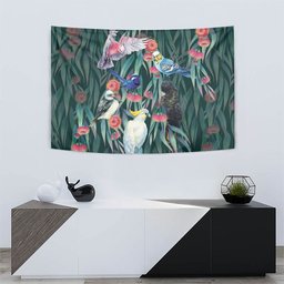Australia Native Birds on Eucalyptus Tapestry Dark Teal