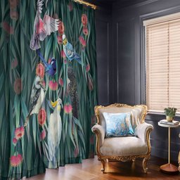 Australia Native Birds on Eucalyptus Window Curtain Dark Teal