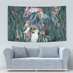 Australia Native Birds on Eucalyptus Tapestry Dark Teal