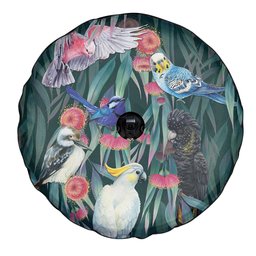 Australia Native Birds on Eucalyptus Spare Tire Cover Dark Teal