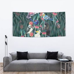 Australia Native Birds on Eucalyptus Tapestry Dark Teal