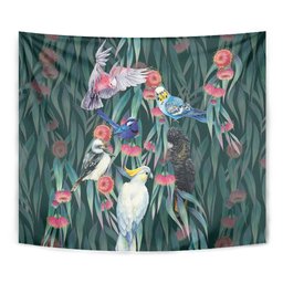 Australia Native Birds on Eucalyptus Tapestry Dark Teal