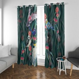 Australia Native Birds on Eucalyptus Window Curtain Dark Teal