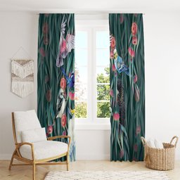 Australia Native Birds on Eucalyptus Window Curtain Dark Teal