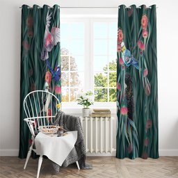 Australia Native Birds on Eucalyptus Window Curtain Dark Teal