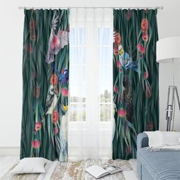 Australia Native Birds on Eucalyptus Window Curtain Dark Teal