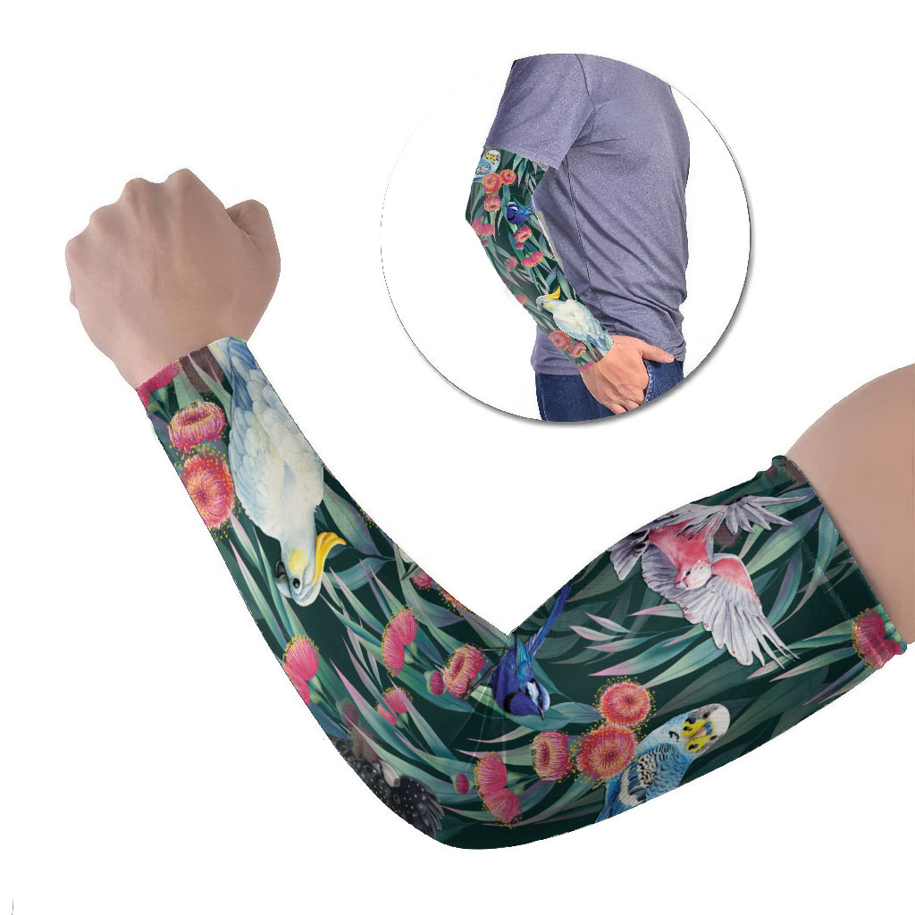 Australia Native Birds on Eucalyptus Arm Sleeves Dark Teal