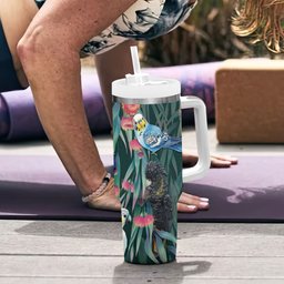 Australia Native Birds on Eucalyptus Tumbler With Handle Dark Teal