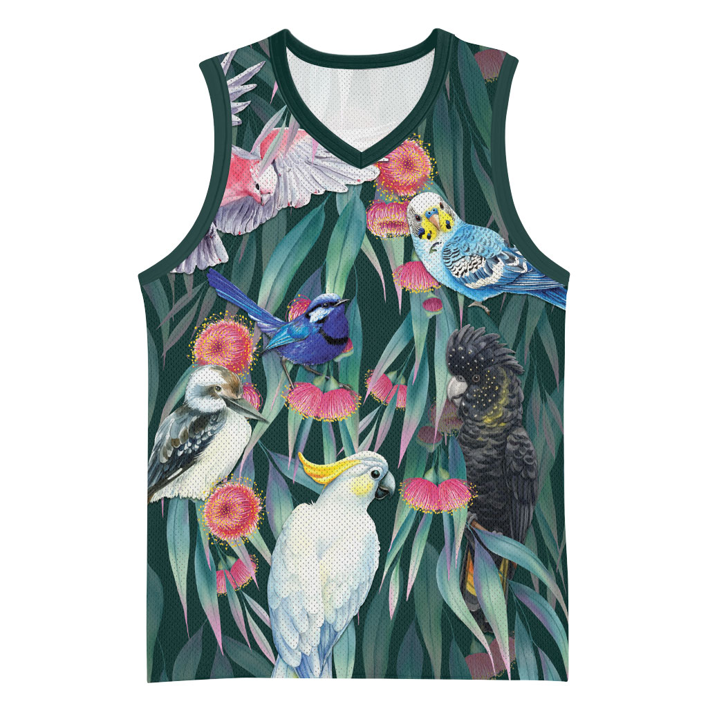 Australia Native Birds on Eucalyptus Basketball Jersey Dark Teal