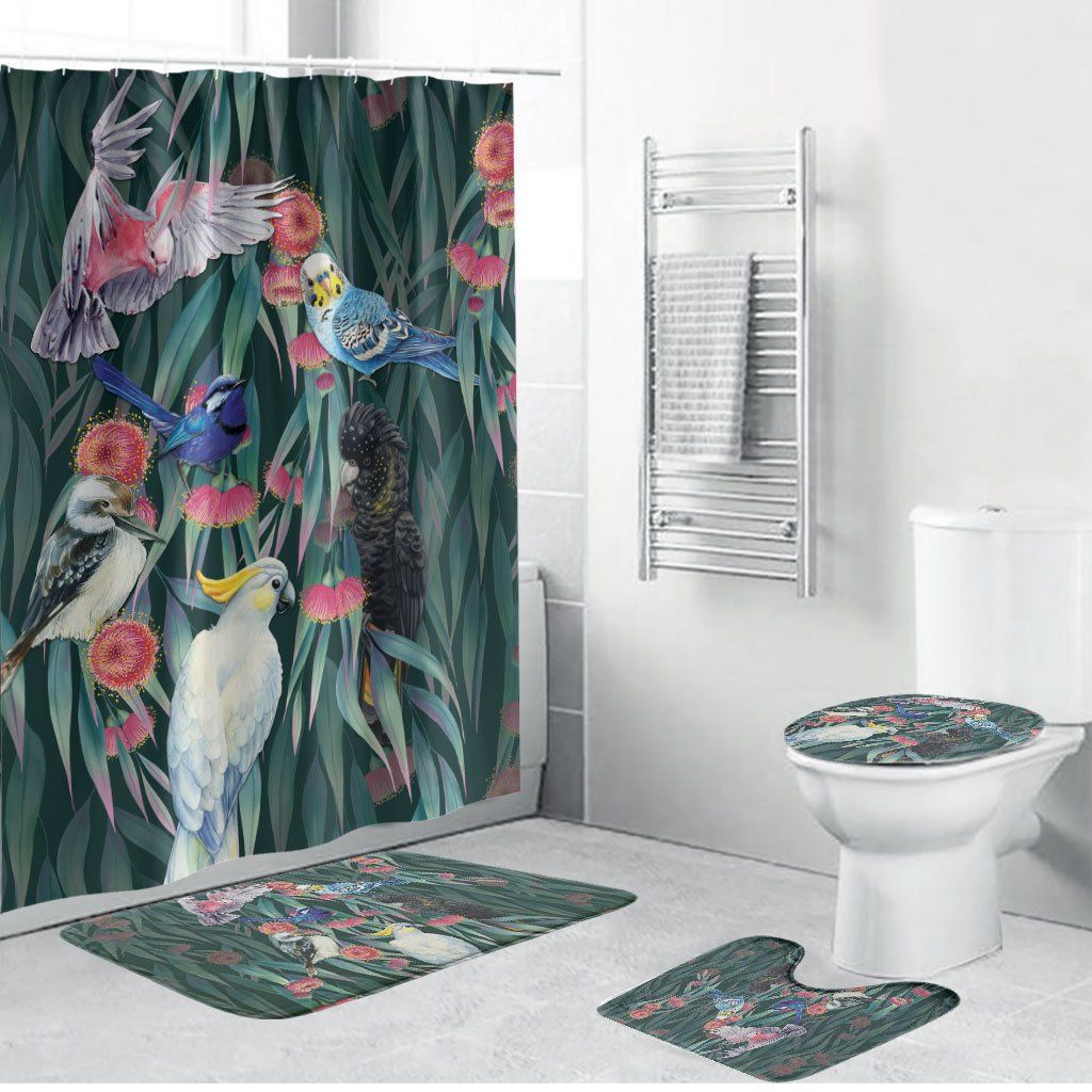 Australia Native Birds on Eucalyptus Bathroom Set Dark Teal