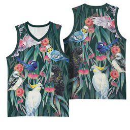 Australia Native Birds on Eucalyptus Basketball Jersey Dark Teal