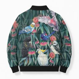 Australia Native Birds on Eucalyptus Bomber Puffer Jacket Dark Teal