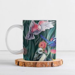 Australia Native Birds on Eucalyptus Ceramic Mug Dark Teal