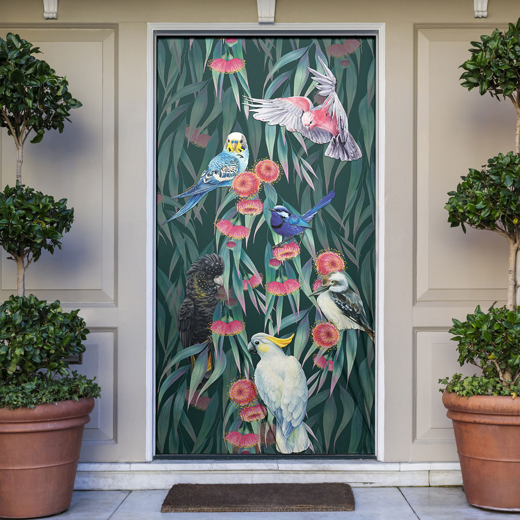 Australia Native Birds on Eucalyptus Door Cover Dark Teal