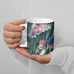 Australia Native Birds on Eucalyptus Ceramic Mug Dark Teal