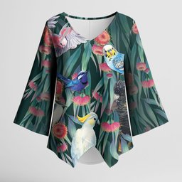Australia Native Birds on Eucalyptus Kimono Sleeve Blouse Dark Teal