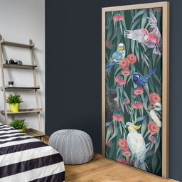 Australia Native Birds on Eucalyptus Door Cover Dark Teal
